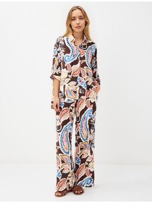 Jimmy Key Kahverengi Bol Paça Normal Bel Çiçek Desenli Dokuma Pantolon