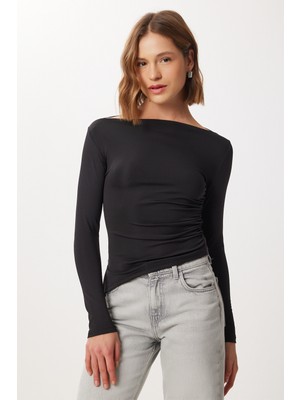 Happiness İstanbul Asimetrik Büzgülü Örme Bluz LBY0020 Siyah