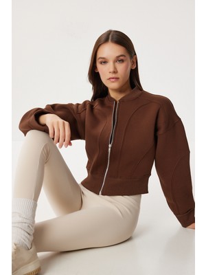 Happiness İstanbul Fermuarlı Şardonlu Örme Sweatshirt LAN0085 Kahverengi