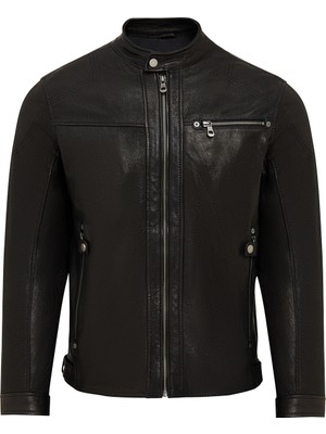 Derimod Towns Erkek Siyah Slim-Fit Kısa Deri Ceket 25WGF65872Z