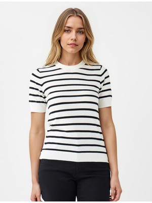 Jimmy Key Çızgılı Yuvarlak Yaka Kısa Kollu Yün Karışımlı Triko Kazak