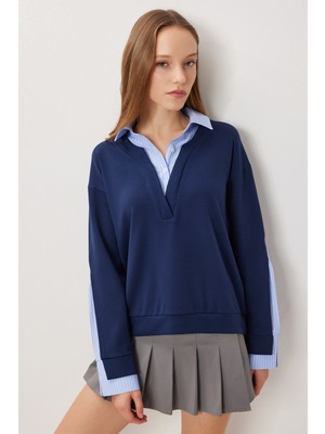 Happiness İstanbul Gömlek Yaka Modal Sweatshirt LXA0018 Lacivert