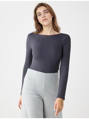 Jimmy Key Antrasit Dar Kesim Kayık Yaka Örme Bluz