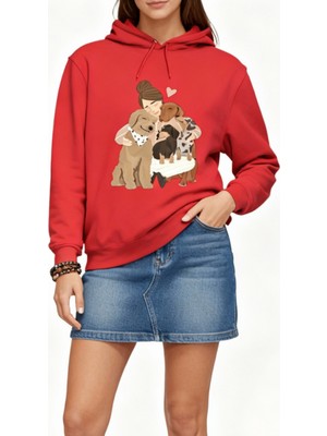 Hena Pati Sarılışı Özel Tasarım Kapüşonlu Sweatshirt Pamuklu Kırmızı