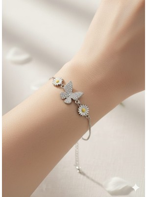 925 Ayar Papatya Silver Papatya Kelebek Bileklik.rose.gold.rodaj