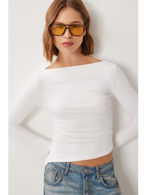 Happiness İstanbul Asimetrik Büzgülü Örme Bluz LBY0020 Ekru