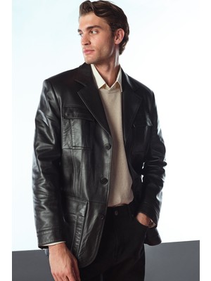 Derimod Kane Erkek Siyah Düğmeli Blazer Deri Ceket 25WGED6498AE