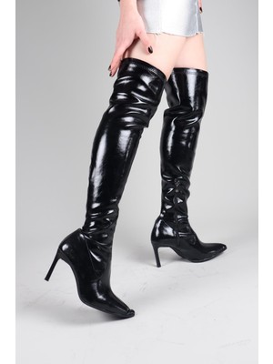 Birikon Nikki Diz Üstü Topuklu Çizme Siyah