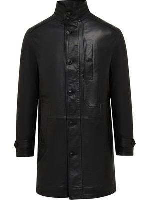 Derimod Ederson Erkek Siyah Hakim Yaka Düğmeli Deri Kaban 24WGD6113VE