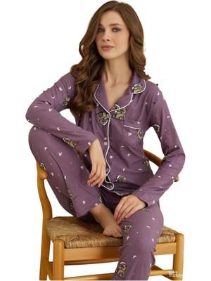Royam Çağrı Kadın Kışlık Süet Uzun Kollu Önü Düğmeli Yumuşak Dokulu Pijama Takımı