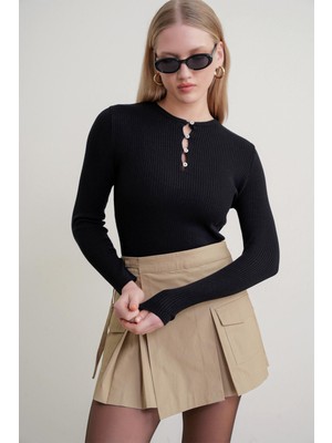 Mixray 6982 Kadın Britli Detaylı Yumuşak Basic Kazak Siyah