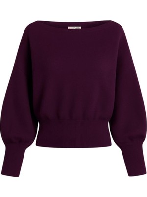 Mixray Kadın Mürdüm Kayık Yaka Triko Kazak Asimetrik Rib Kesim Konforlu Stil