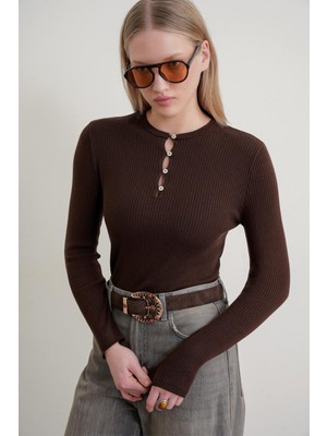 Mixray 6982 Kadın Britli Detaylı Yumuşak Basic Kazak Kahve