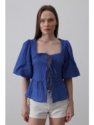 Ulak Handmader Kare Yaka Balon Kol Bluz - Mavi