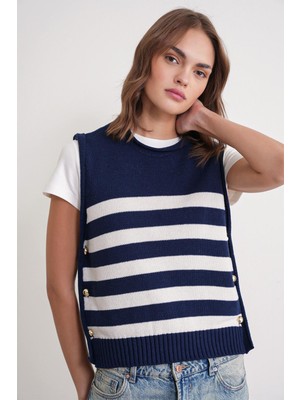 Mixray 6969 Kadın Yan Düğmeli Triko Top Lacivert Naturel