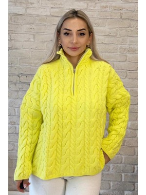 Muna Boutique Saç Örgülü Limon Sarısı Fermuarlı Balıkçı Yaka Tirko Kazak