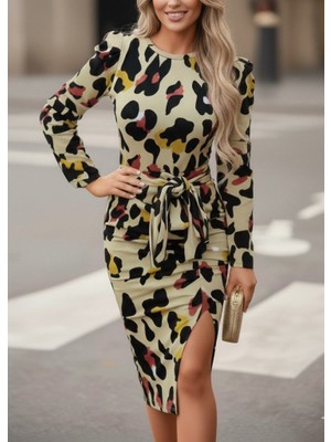 Ulak Handmader Kadın Uzun Kollu Yuvarlak Yaka Belden Kuşaklı Önden Yırtmaçlı Örme Krep Elbise