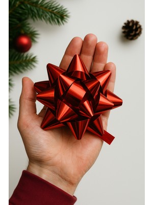 3 Adet Parlak Kırmızı Büyük BOY-10CM Metalik Fiyonk Kutu ve Ambalaj Süsü Rafya Yapışkanlı Yıldız Süs