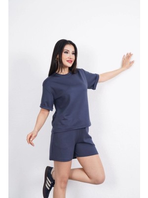 Ulak Handmader Osy Modal Yumuşak Dokulu Kumaş Bisiklet Yaka T-Shirt Kısa Şort Ikili Takım - Antrasit