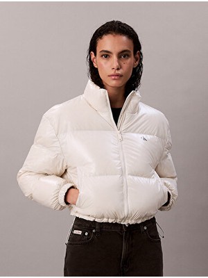 Calvin Klein Kadın Beyaz Puffer Mont Uzun Kol Düz Yaka Regular Fit Klasik Stil