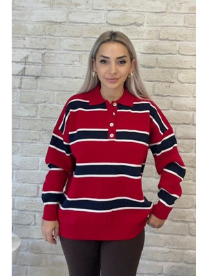 Muna Boutique Kırmızı Polo Yaka Uzun Kol Şeritli Kazak