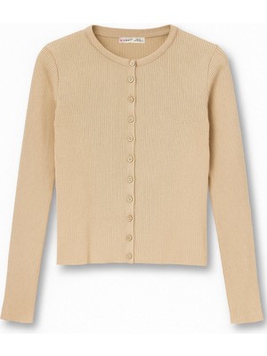 Mixray 6931 Kadın Düğmeli Fitilli Triko Hırka Camel