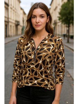 Ulak Handmader Kadın Uzun Kollu Yuvarlak Yaka Fermuarlı Desenli Şardonlu Bluz