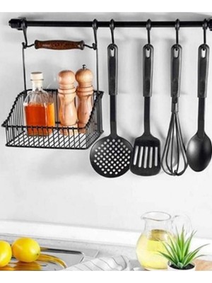 Karteya 1.kalite Siyah Retro Mutfak Seti Askılı ve Sepetli Askı ve Kanca Mutfak Düzenleyici