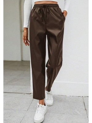 Ulak Handmader Kadın Yüksel Bel Bağcıklı Deri Pantolon