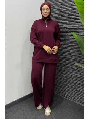 Tesettür Diyarı Yarım Fermuarlı Alt Üst Spor Tesettür Takım- Bordo
