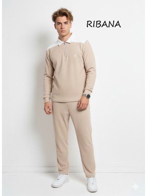Ribana Classic Unısex Baskılı Cepli Beli Lastikli  Fermuarlı Gömlek Yaka Alt-Üst 2'li Takım