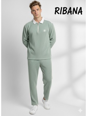 Ribana Classic Unısex Baskılı Cepli Beli Lastikli  Fermuarlı Gömlek Yaka Alt-Üst 2'li Takım