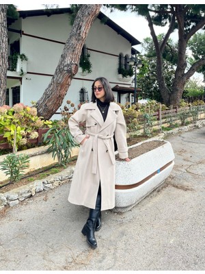 Vazıradk  Çift Düğmeli Kemerli Kaşe Kaban