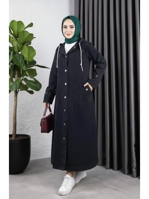 Harma Time Butik Kadın Cepli Düğmeli Kapüşonlu Denim Siyah Trençkot
