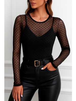 Büyük Beden Nokta Desen Transparan Likralı Tül Uzun Kol Bluz-Siyah