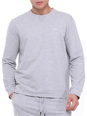 Raru Pamuklu Bisiklet Yaka Basic Sweatshirt Porta Gri Melanj