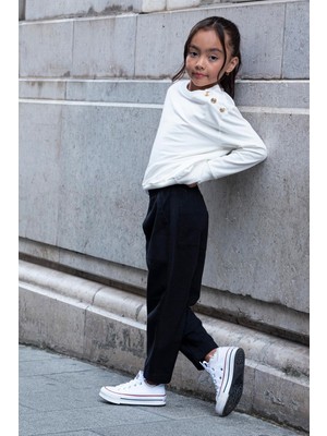 For You Kids 2'li Omuz Düğmeli Bel Fırfırlı Siyah Gabardin Pantolon Takım