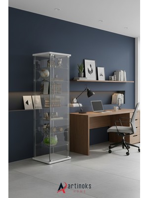 Artinoks Home 7 RAFLI KİLİTLİ CAM VİTRİN BEYAZ (Gümüşlük, Büfe, Koleksiyon, Sunu, Sergi, Kitaplık)