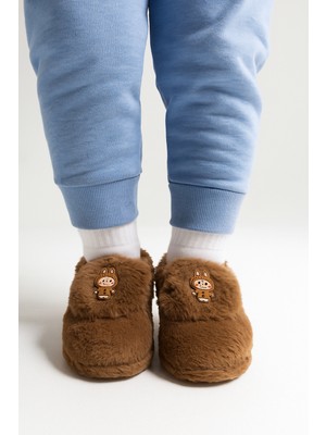 Erkek Çocuk Tüylü Peluş Pofuduk Figürlü Kaydırmaz Taban Kreş Ev Okul Panduf