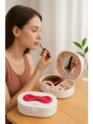 Open Home Concept Aynalı Taşınabilir Takı Kutusu | Kadın Makyaj&aksesuar Düzenleyici Beyaz Kırmızı Kurdele