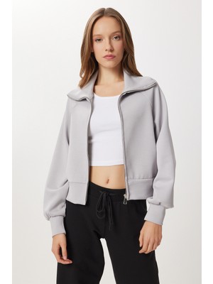 Happiness İstanbul Dik Yaka Fermuarlı Modal Sweatshirt LUB0308 Taş Grisi