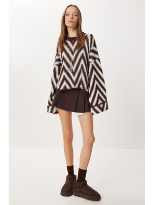 Happiness İstanbul Desenli Triko Kazak LNX0014 Kahverengi Ekru