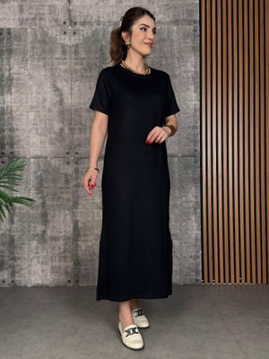 Bosel Kadın Kısa Kollu Bisiklet Yaka Yırtmaçlı Viskon Iki Iplik Elbise