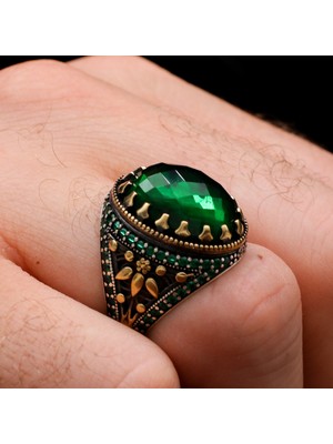 Mem Güney Silver Özel Kesim Yeşil Zirkon Taşlı 925 Ayar Erkek Gümüş Yüzük