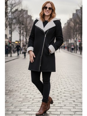 Barbora Kadın Günlük Siyah Kaşe Kaban Kalın Polyester Malzeme ve Uzun Kol Özelliğiyle
