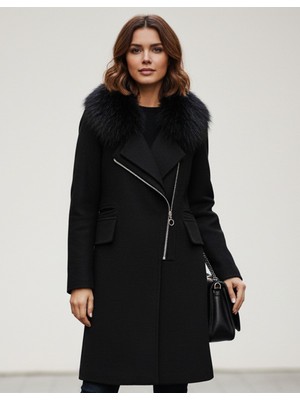 1Tarz Kadın Kaşe Kışlık Kürklü Siyah Kaban