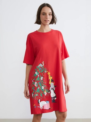 LC Waikiki Lcw Young Kırmızı Bisiklet Yaka Yılbaşı Temalı Kadın Gecelik