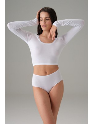 Pilelistore Doreanse Beyaz Kadın Basic Uzun Kol Crop T Shirt 8513
