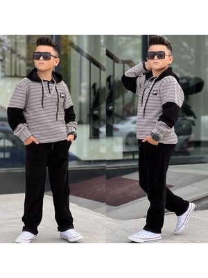 Burçak Butik Erkek Çocuk Kapüşonlü Sweatshirt - Kadife Pantolon Full Likra Kışlık Alt Üst 2'li Takım - Bayramlık
