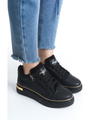 Khi-Zai Dına Bağcıklı Fermuarlı Ortopedik Taban Kadın Sneaker Spor Ayakkabı  Cst - Siyah/altın